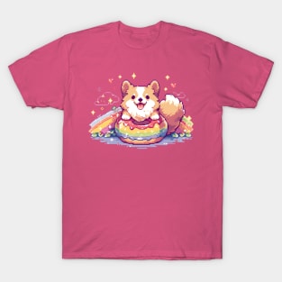 Pride Month Kawaii Corgi with Donut Pixel Art T-Shirt
